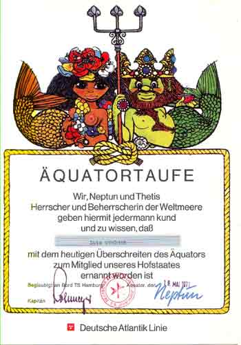 Urkunde Äquatortaufe 05-.1971